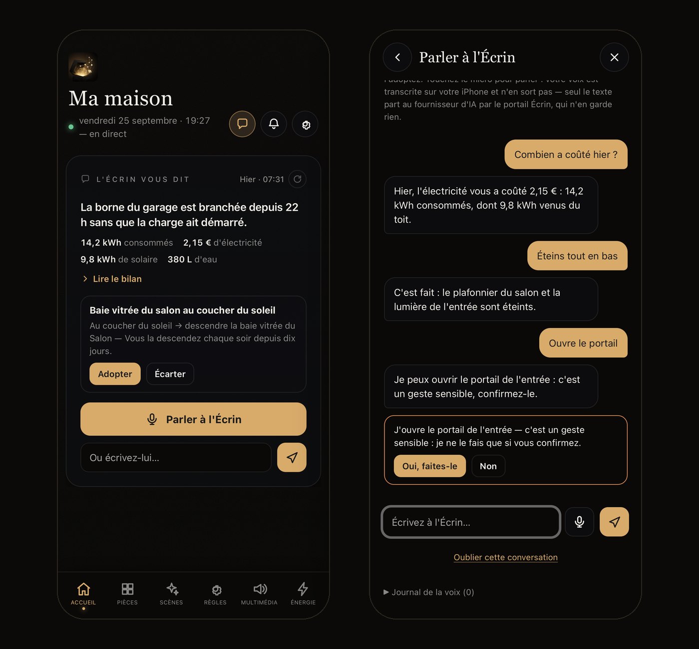 L'application ÉCRIN HOME : à gauche, la carte « L'Écrin vous dit » de l'Accueil avec le bilan du matin et une règle proposée ; à droite, la page « Parler à l'Écrin », où un geste sensible attend la confirmation « Oui, faites-le »