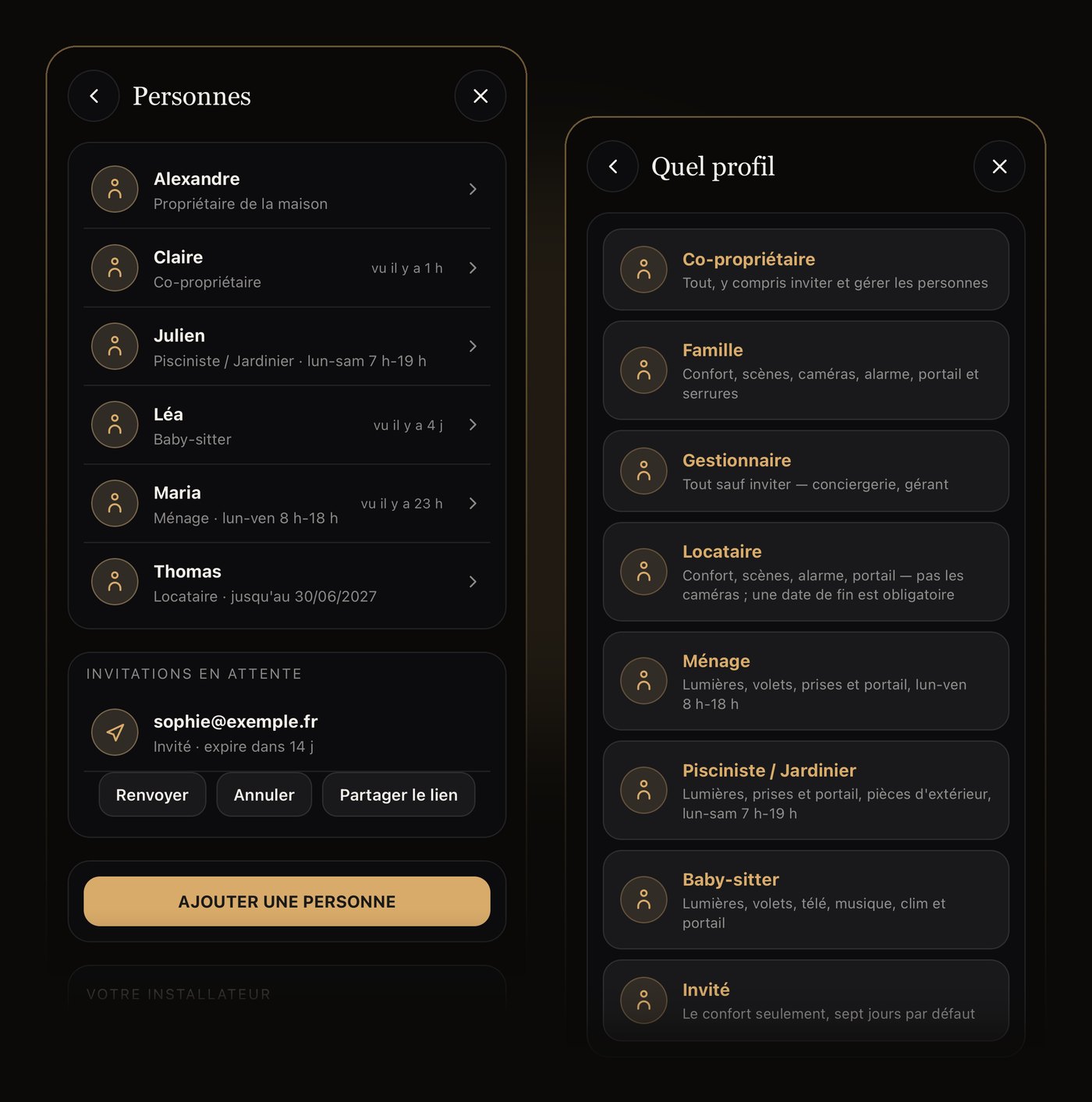 L'écran Personnes de l'application : les personnes de la maison, et les huit profils pour en ajouter une