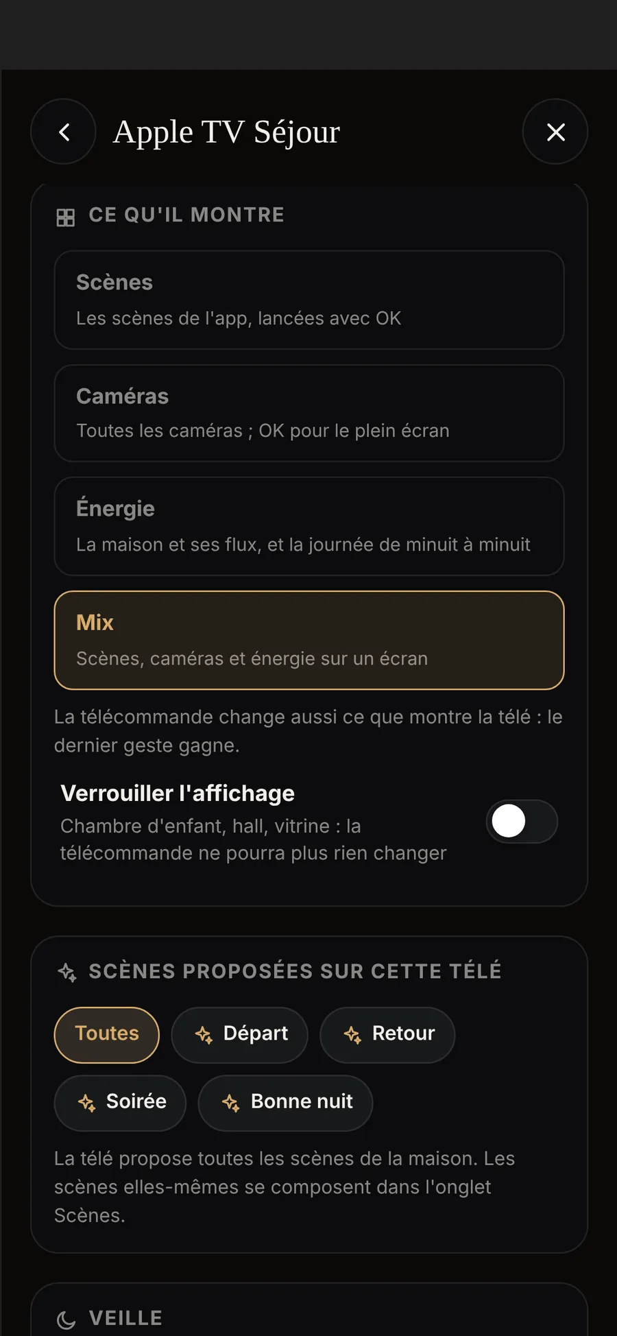 Le réglage d'une Apple TV dans l'application : ce qu'elle montre (Scènes, Caméras, Énergie, Mix), verrouiller l'affichage, les scènes proposées