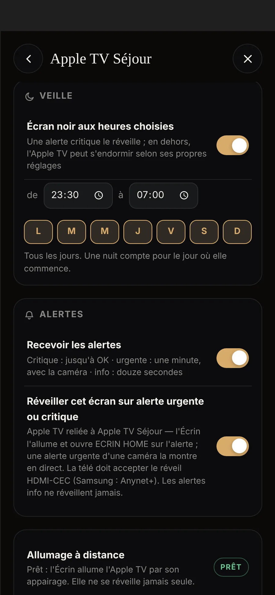 La veille et les alertes d'une Apple TV : écran noir de 23 h 30 à 7 h, recevoir les alertes, réveiller cet écran sur alerte urgente ou critique, allumage à distance prêt
