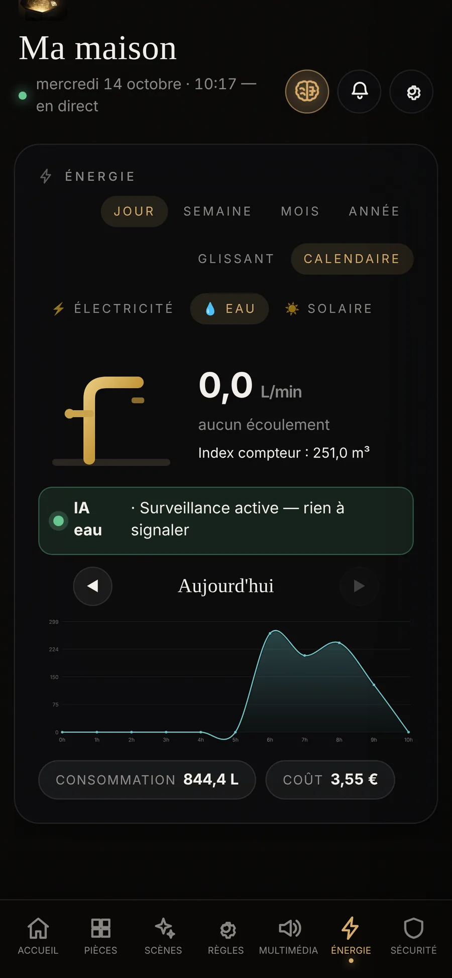 L'eau dans l'application : le robinet, le débit du moment, la surveillance des fuites et la courbe du jour