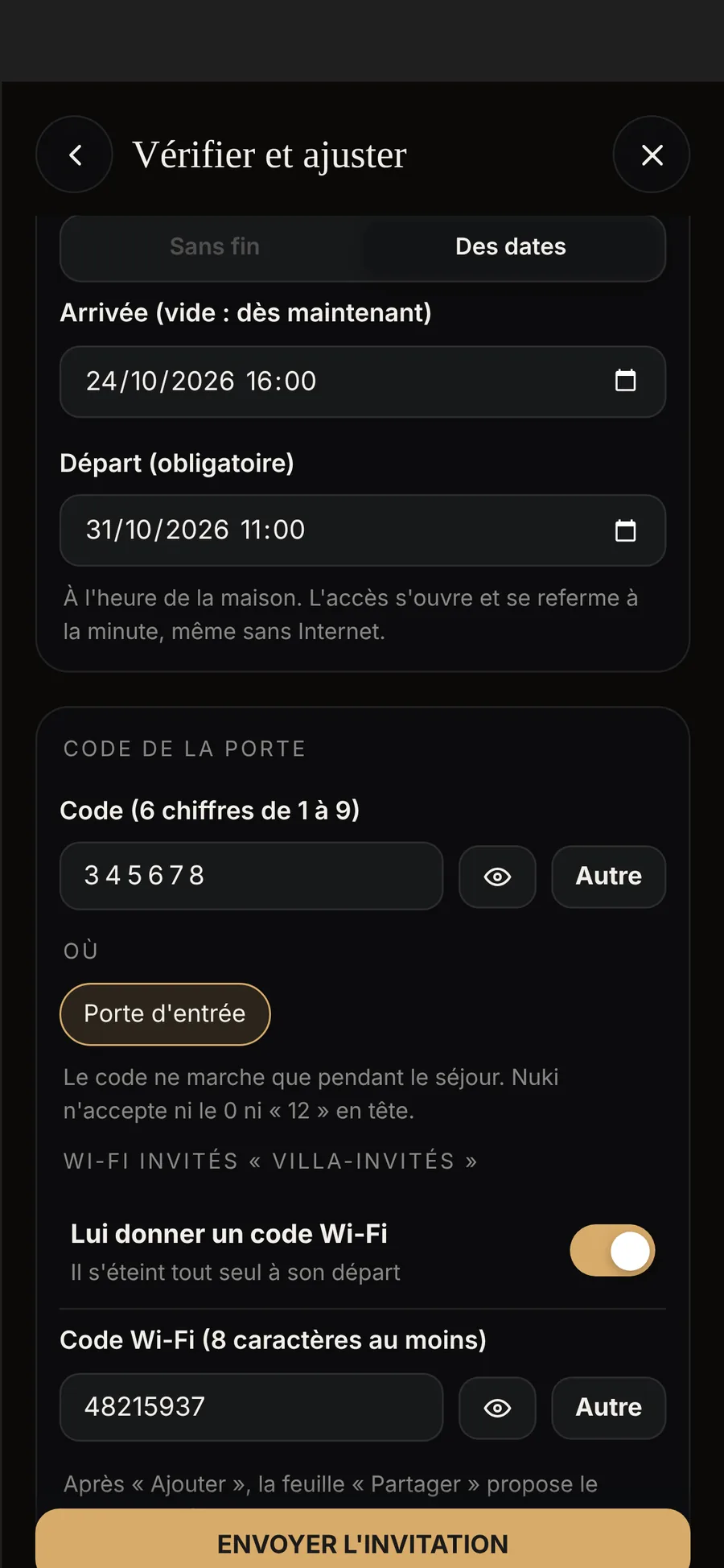 L'ajout d'un locataire : l'arrivée le 24 octobre à 16 h, le départ le 31 octobre à 11 h, le code de la porte d'entrée et le code du Wi-Fi invités