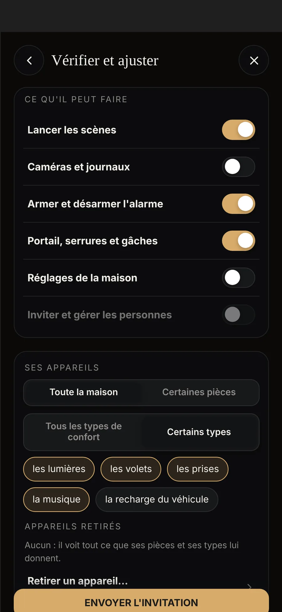 Ce que le locataire pourra faire : lancer les scènes, l'alarme, le portail et les serrures, pas les caméras ni les réglages de la maison ; ses appareils, type par type