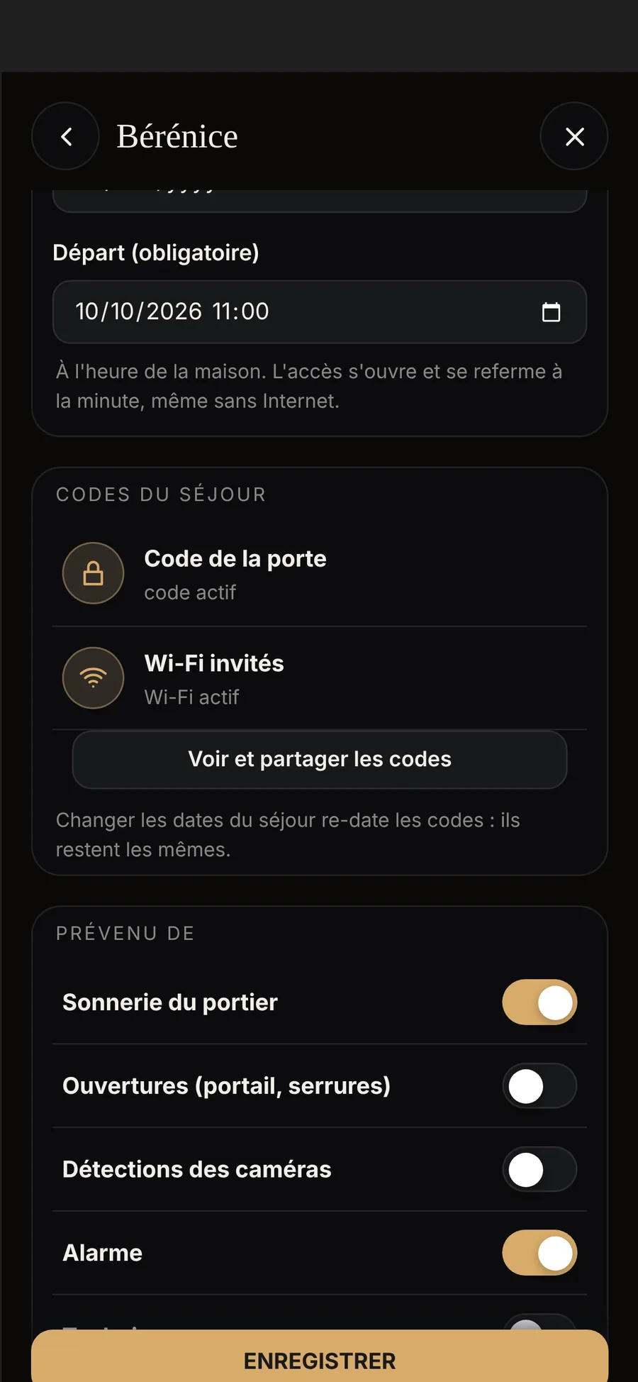La fiche de Bérénice : le départ le 10 octobre à 11 h, les codes du séjour actifs, Voir et partager les codes
