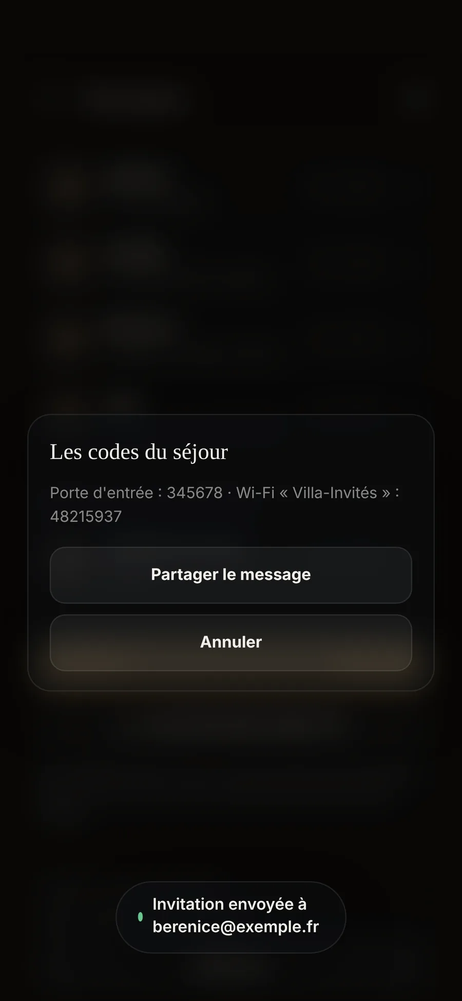 La feuille « Les codes du séjour » : porte d'entrée 345678, Wi-Fi « Villa-Invités » 48215937, Partager le message
