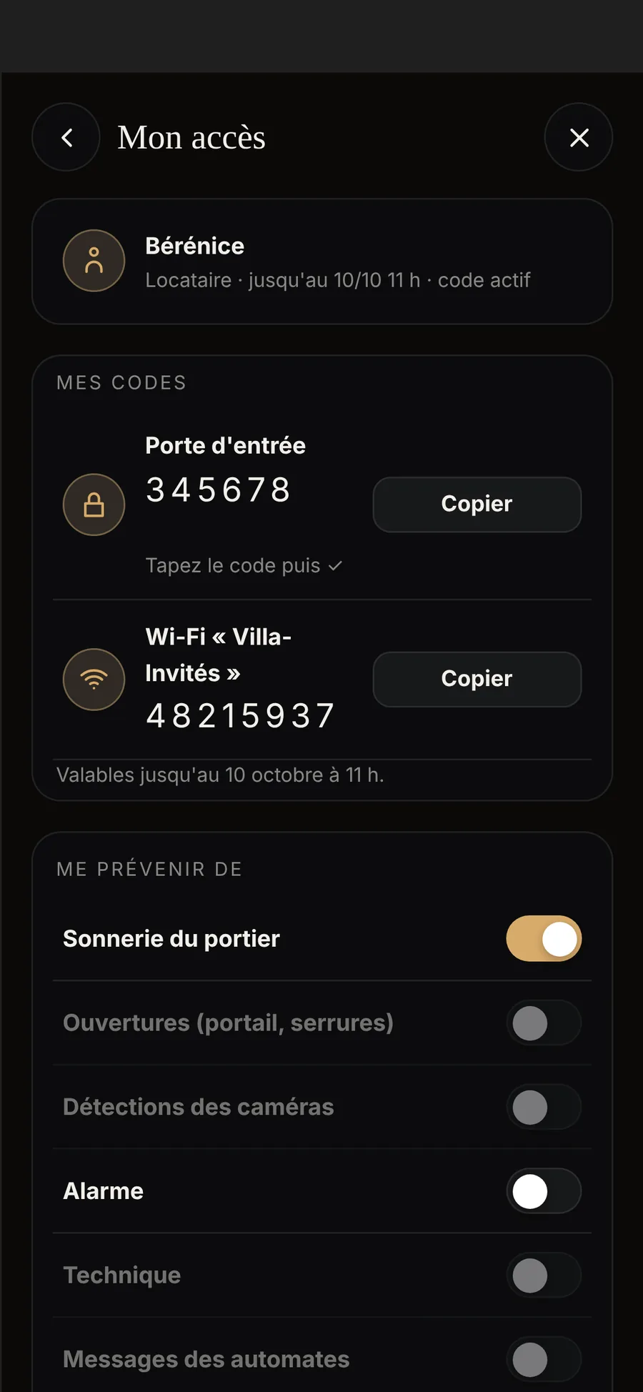 Mon accès, vu par la locataire : Mes codes, la porte d'entrée et le Wi-Fi « Villa-Invités », valables jusqu'au 10 octobre à 11 h