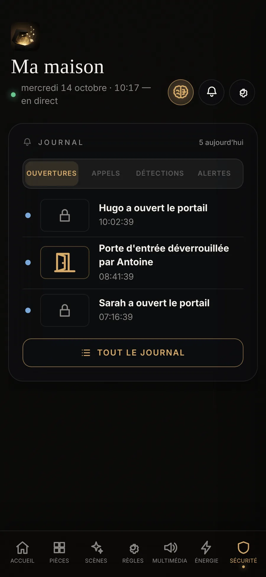 L'onglet Sécurité : les journaux des ouvertures, des appels, des détections et des alertes