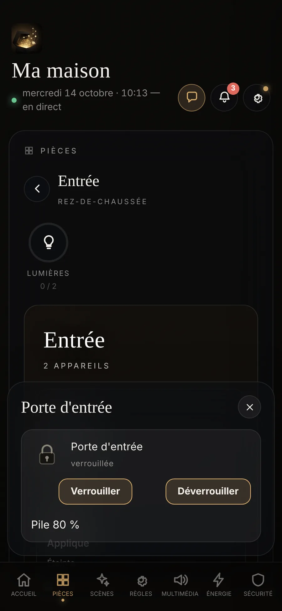 La fiche de la serrure de la porte d'entrée : verrouillée, verrouiller ou déverrouiller, la pile