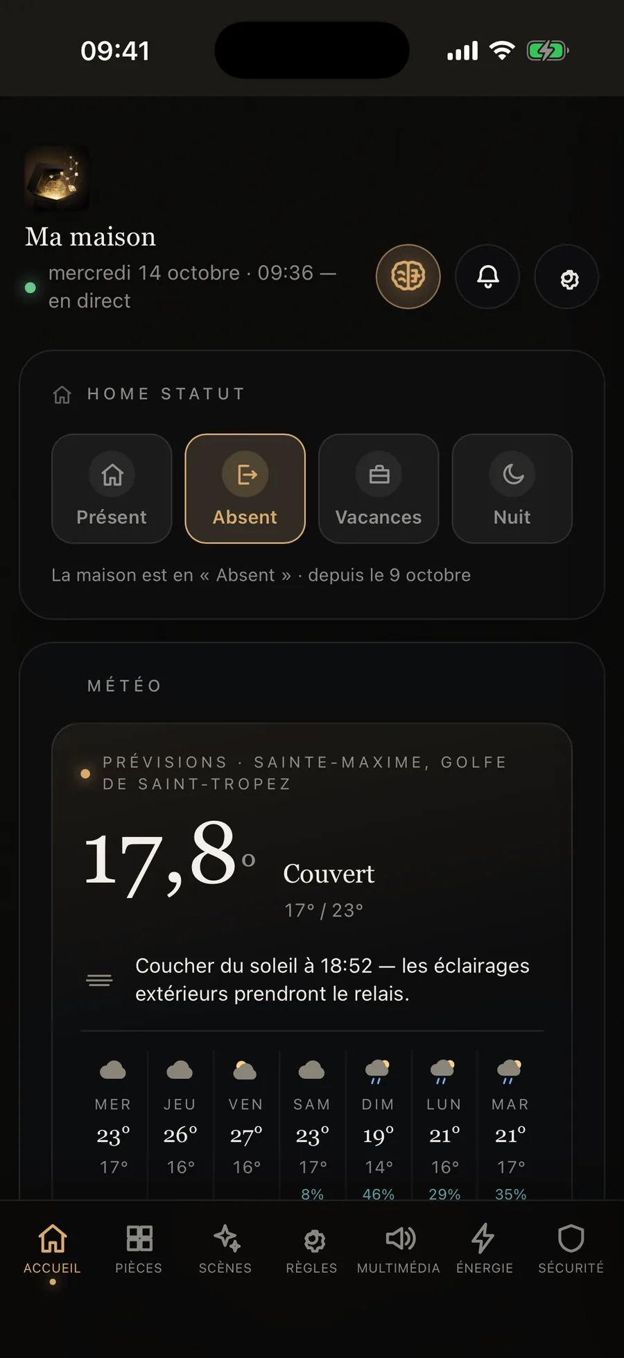 L'application ÉCRIN HOME sur l'iPhone : l'Accueil de la maison