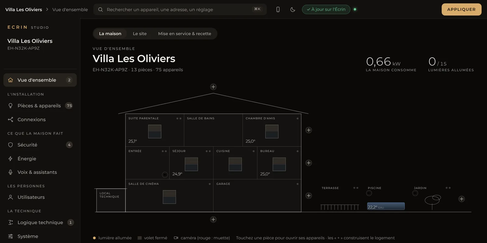 Écrin Studio, l'outil de l'installateur : la vue d'ensemble de la maison