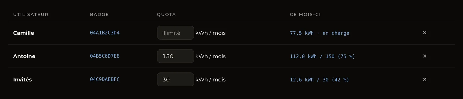 Les badges dans Écrin Studio : Camille sans limite, Antoine 150 kWh par mois, les invités 30 kWh par mois, et ce que chacun a chargé ce mois-ci
