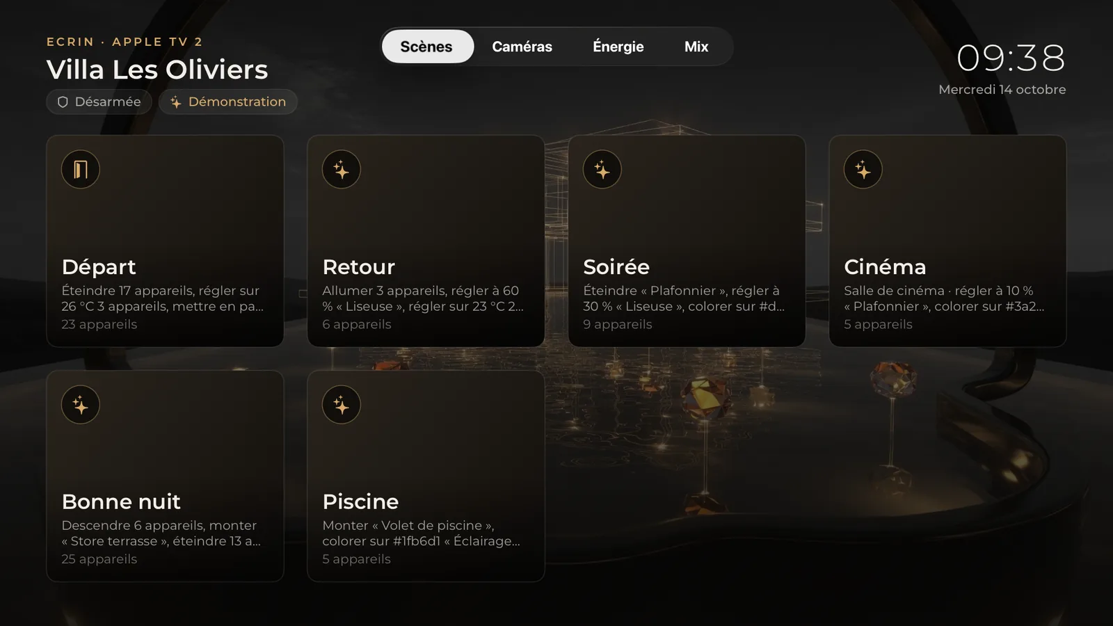 L'application ÉCRIN HOME sur l'Apple TV : les scènes de la maison