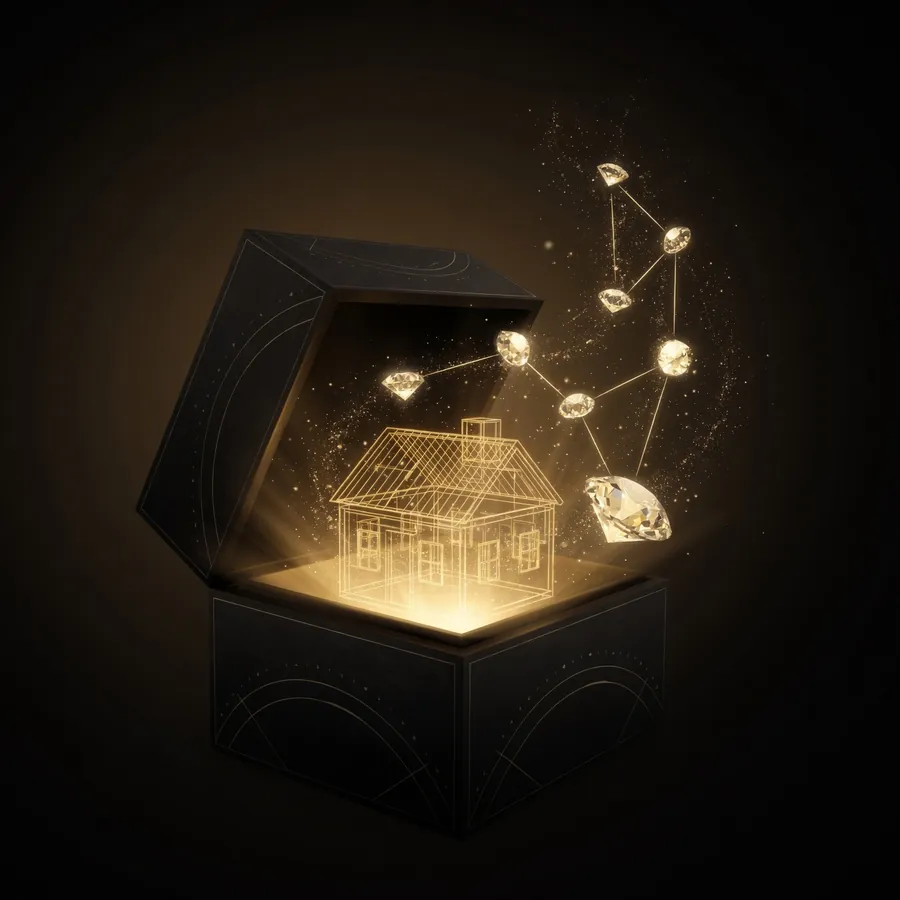 L'emblème d'ÉCRIN : une maison d'or dans un coffret ouvert