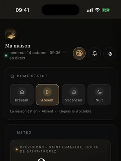 L'Accueil d'ÉCRIN HOME sur l'iPhone : le statut de la maison et la météo